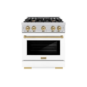 ZLINE Autograph Edition 30 in. 4.2 cu. ft. Select Dual Fuel Range with 4 Burner Gas Cooktop and Electric Convection Oven in Stainless Steel with White Matte Door and Champagne Bronze Accents (HDRZ-WM-30-CB) front, oven closed.