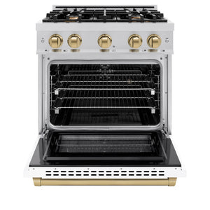 ZLINE Autograph Edition 30 in. 4.2 cu. ft. Select Dual Fuel Range with 4 Burner Gas Cooktop and Electric Convection Oven in Stainless Steel with White Matte Door and Champagne Bronze Accents (HDRZ-WM-30-CB) front, oven open.