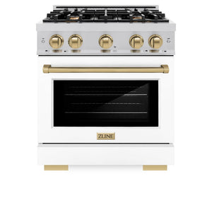 ZLINE Autograph Edition 30 in. 4.2 cu. ft. Select Dual Fuel Range with 4 Burner Gas Cooktop and Electric Convection Oven in Stainless Steel with White Matte Door and Champagne Bronze Accents (HDRZ-WM-30-CB) front, oven closed.