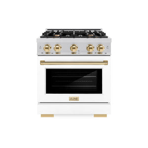 ZLINE Autograph Edition 30 in. 4.2 cu. ft. Select Dual Fuel Range with 4 Burner Gas Cooktop and Electric Convection Oven in Stainless Steel with White Matte Door and Polished Gold Accents (HDRZ-WM-30-G) front, oven closed.