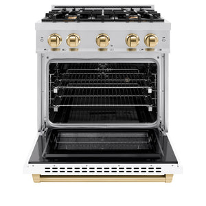 ZLINE Autograph Edition 30 in. 4.2 cu. ft. Select Dual Fuel Range with 4 Burner Gas Cooktop and Electric Convection Oven in Stainless Steel with White Matte Door and Polished Gold Accents (HDRZ-WM-30-G) front, oven open.