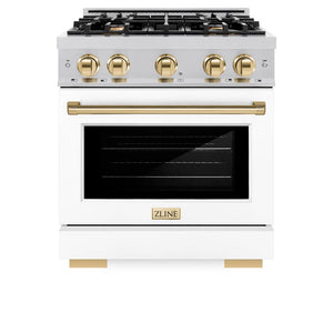 ZLINE Autograph Edition 30 in. 4.2 cu. ft. Select Dual Fuel Range with 4 Burner Gas Cooktop and Electric Convection Oven in Stainless Steel with White Matte Door and Polished Gold Accents (HDRZ-WM-30-G) front, oven closed.