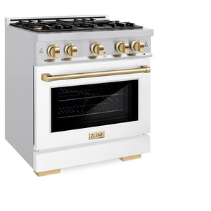 ZLINE Autograph Edition 30 in. 4.2 cu. ft. Select Dual Fuel Range with 4 Burner Gas Cooktop and Electric Convection Oven in Stainless Steel with White Matte Door and Polished Gold Accents (HDRZ-WM-30-G) side, closed.