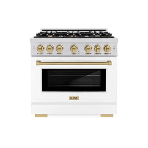 ZLINE Autograph Edition 36 in. 5.2 cu. ft. Select Dual Fuel Range with 6 Burner Gas Cooktop and Electric Convection Oven in Stainless Steel with White Matte Door and Champagne Bronze Accents (HDRZ-WM-36-CB) front, oven closed.