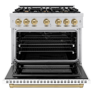 ZLINE Autograph Edition 36 in. 5.2 cu. ft. Select Dual Fuel Range with 6 Burner Gas Cooktop and Electric Convection Oven in Stainless Steel with White Matte Door and Champagne Bronze Accents (HDRZ-WM-36-CB) front, oven open.