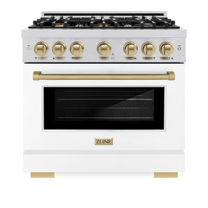 ZLINE Autograph Edition 36 in. 5.2 cu. ft. Select Dual Fuel Range with 6 Burner Gas Cooktop and Electric Convection Oven in Stainless Steel with White Matte Door and Champagne Bronze Accents (HDRZ-WM-36-CB) front, oven closed.