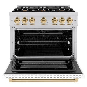 ZLINE Autograph Edition 36 in. 5.2 cu. ft. Select Dual Fuel Range with 6 Burner Gas Cooktop and Electric Convection Oven in Stainless Steel with White Matte Door and Polished Gold Accents (HDRZ-WM-36-G) front, oven open.