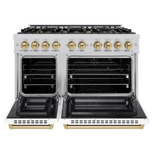 ZLINE Autograph Edition 48 in. 6.7 cu. ft. Select Double Oven Dual Fuel Range with 8 Burner Gas Cooktop in Stainless Steel with White Matte Doors and Champagne Bronze Accents (HDRZ-WM-48-CB) front, oven open.