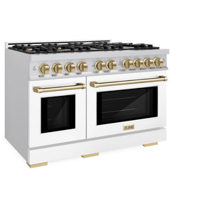 ZLINE Autograph Edition 48 in. 6.7 cu. ft. Select Double Oven Dual Fuel Range with 8 Burner Gas Cooktop in Stainless Steel with White Matte Doors and Champagne Bronze Accents (HDRZ-WM-48-CB) side, closed.