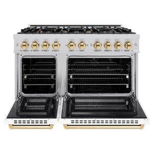 ZLINE Autograph Edition 48 in. 6.7 cu. ft. Select Double Oven Dual Fuel Range with 8 Burner Gas Cooktop in Stainless Steel with White Matte Door and Polished Gold Accents (HDRZ-WM-48-G) front, oven open.
