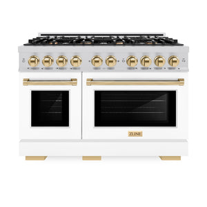 ZLINE Autograph Edition 48 in. 6.7 cu. ft. Select Double Oven Dual Fuel Range with 8 Burner Gas Cooktop in Stainless Steel with White Matte Door and Polished Gold Accents (HDRZ-WM-48-G) front, oven closed.