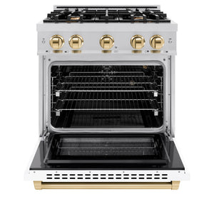 ZLINE Autograph Edition 30 in. 4.2 cu. ft. Select Gas Range with 4 Burner Cooktop and Convection Gas Oven in Stainless Steel with White Matte Door and Polished Gold Accents (HGRZ-WM-30-G) front, oven open.