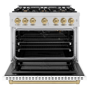 ZLINE Autograph Edition 36 in. 5.2 cu. ft. Select Gas Range with 6 Burner Cooktop and Convection Gas Oven in Stainless Steel with White Matte Door and Champagne Bronze Accents (HGRZ-WM-36-CB) front, oven open.