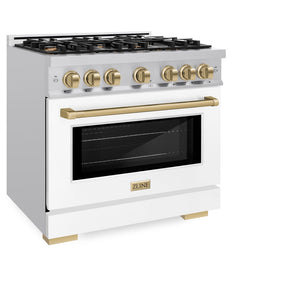 ZLINE Autograph Edition 36 in. 5.2 cu. ft. Select Gas Range with 6 Burner Cooktop and Convection Gas Oven in Stainless Steel with White Matte Door and Champagne Bronze Accents (HGRZ-WM-36-CB) side, closed.