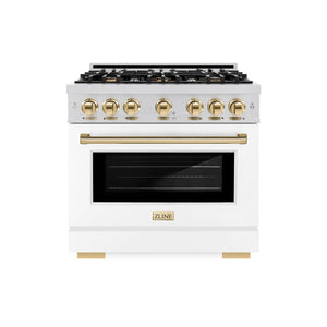 ZLINE Autograph Edition 36 in. 5.2 cu. ft. Select Gas Range with 6 Burner Cooktop and Convection Gas Oven in Stainless Steel with White Matte Door and Polished Gold Accents (HGRZ-WM-36-G) front, oven closed.