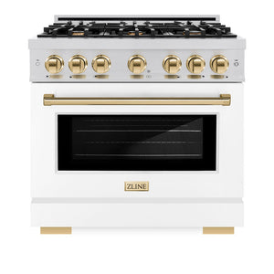 ZLINE Autograph Edition 36 in. 5.2 cu. ft. Select Gas Range with 6 Burner Cooktop and Convection Gas Oven in Stainless Steel with White Matte Door and Polished Gold Accents (HGRZ-WM-36-G) front, oven closed.
