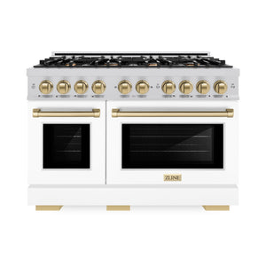 ZLINE Autograph Edition 48 in. 6.7 cu. ft. Select Double Oven Gas Range with 8 Burner Cooktop in Stainless Steel with White Matte Doors and Champagne Bronze Accents (HGRZ-WM-48-CB) front, oven closed.