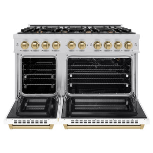 ZLINE Autograph Edition 48 in. 6.7 cu. ft. Select Double Oven Gas Range with 8 Burner Cooktop in Stainless Steel with White Matte Doors and Champagne Bronze Accents (HGRZ-WM-48-CB) front, oven open.