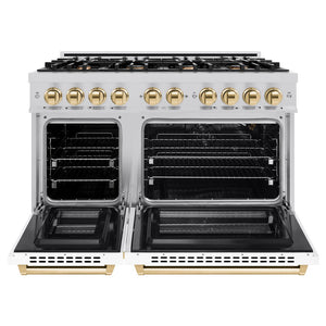 ZLINE Autograph Edition 48 in. 6.7 cu. ft. Select Double Oven Gas Range with 8 Burner Cooktop in Stainless Steel with White Matte Doors and Polished Gold Accents (HGRZ-WM-48-G) front, oven open.