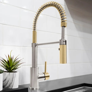 ZLINE Autograph Edition Sierra Pull Down Spring Single Handle Kitchen Faucet in Brushed Nickel and Champagne Bronze (SRA-KF-ZBNCB) on a white tiled wall background.