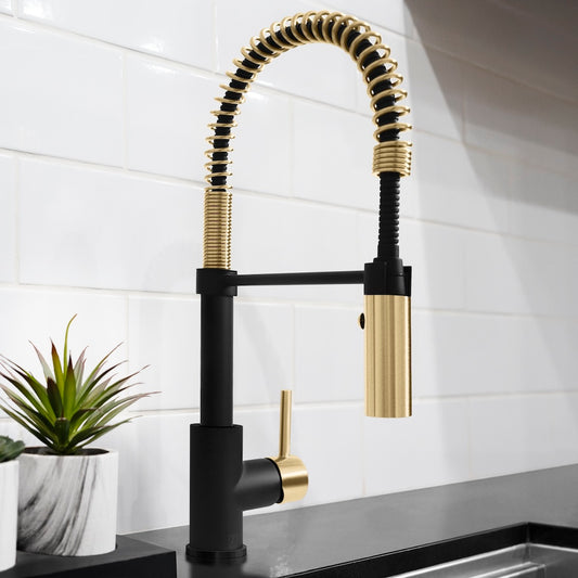 ZLINE Autograph Edition Sierra Pull Down Spring Single Handle Kitchen Faucet in Matte Black and Champagne Bronze (SRA-KF-ZMBCB) in a luxury kitchen.