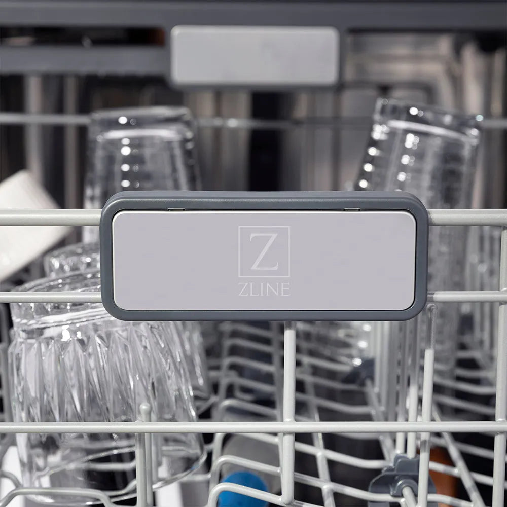 ZLINE logo with racks and dishes inside ZLINE Autograph Edition 24 in. Monument Series 3rd Rack Top Touch Control Tall Tub Dishwasher in Stainless Steel with Champagne Bronze Handle, 45dBa (DWMTZ-304-24-CB)