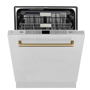 ZLINE Autograph Edition 24 in. Monument Series 3rd Rack Top Touch Control Tall Tub Dishwasher in Stainless Steel with Champagne Bronze Handle, 45dBa (DWMTZ-304-24-CB) front, half open.