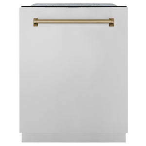 ZLINE Autograph Edition 24 in. Monument Series 3rd Rack Top Touch Control Tall Tub Dishwasher in Stainless Steel with Champagne Bronze Handle, 45dBa (DWMTZ-304-24-CB) front, closed.
