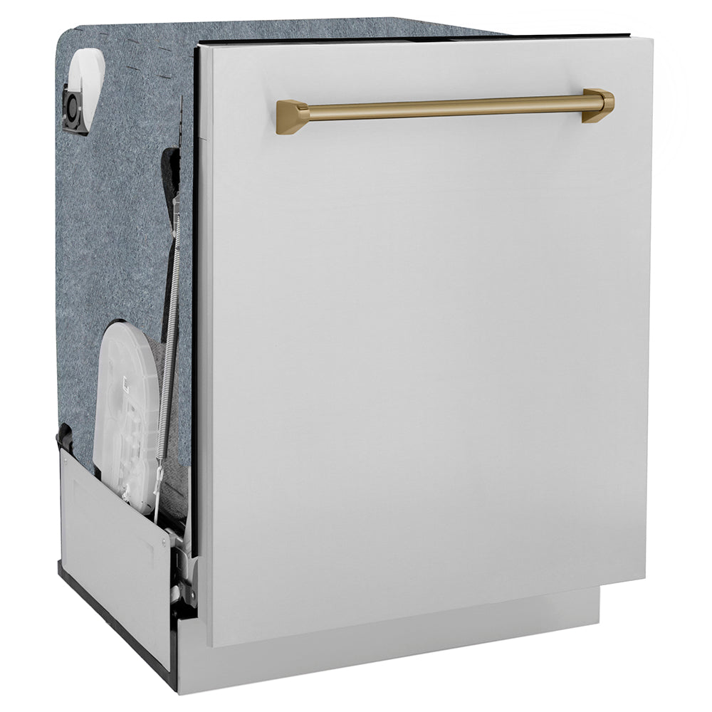 ZLINE Autograph Edition 24 in. Monument Series 3rd Rack Top Touch Control Tall Tub Dishwasher in Stainless Steel with Champagne Bronze Handle, 45dBa (DWMTZ-304-24-CB) side, closed.