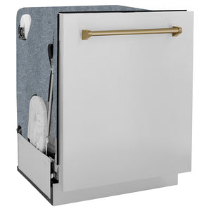ZLINE Autograph Edition 24 in. Monument Series 3rd Rack Top Touch Control Tall Tub Dishwasher in Stainless Steel with Champagne Bronze Handle, 45dBa (DWMTZ-304-24-CB) side, closed.