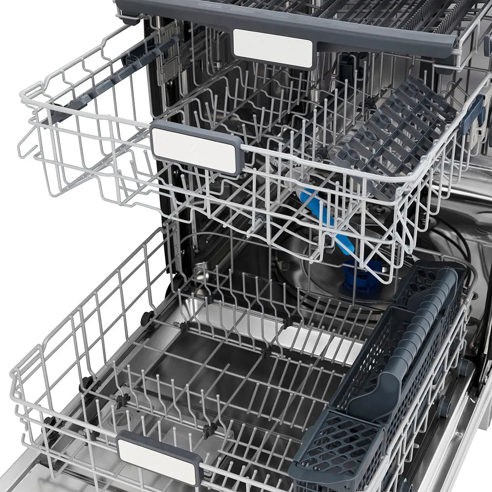 ZLINE Autograph Edition 24 in. Monument Series 3rd Rack Top Touch Control Tall Tub Dishwasher in Stainless Steel with Polished Gold Helix Handle, 45dBa (DWMTZ-30424-KG) open, showing dish racks and compartments on a white background.