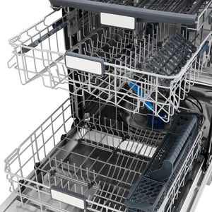 ZLINE Autograph Edition 24 in. Monument Series 3rd Rack Top Touch Control Tall Tub Dishwasher in Stainless Steel with Polished Gold Helix Handle, 45dBa (DWMTZ-30424-KG) open, showing dish racks and compartments on a white background.