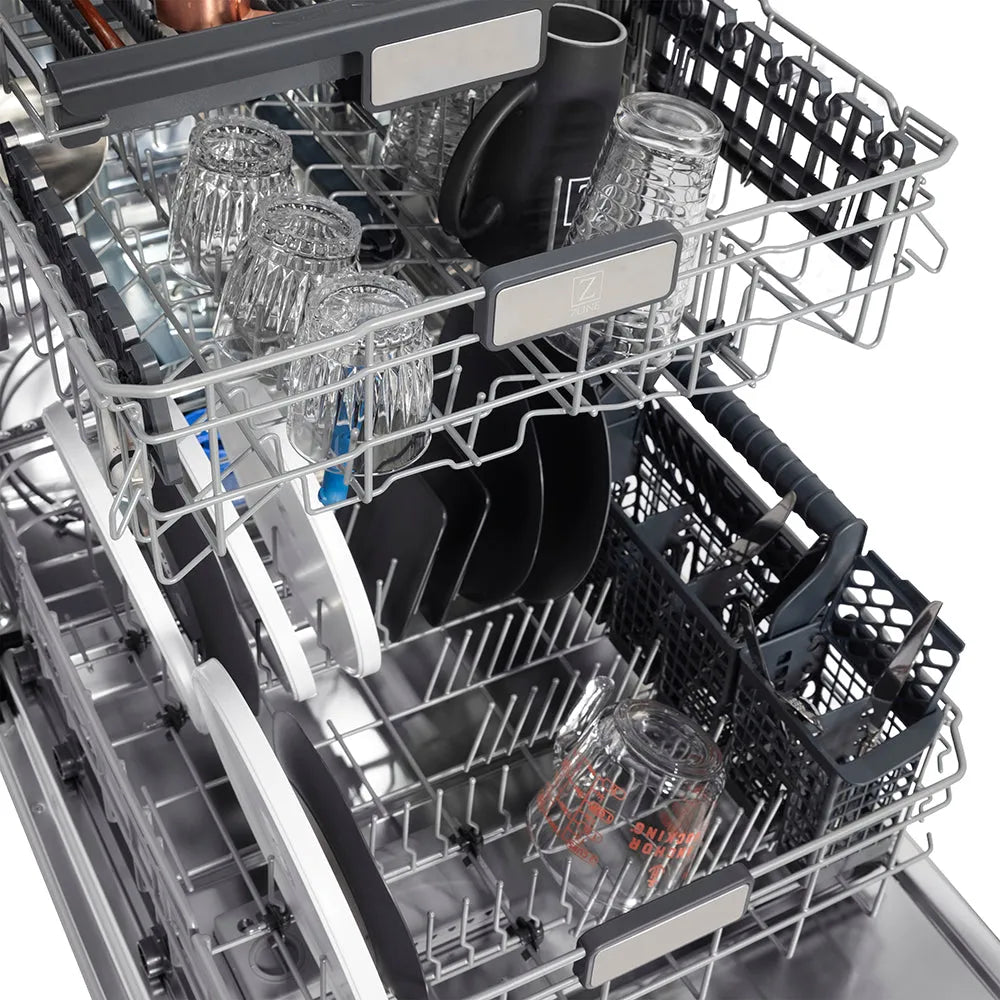 ZLINE Autograph Edition 24 in. Monument Series 3rd Rack Top Touch Control Tall Tub Dishwasher in Stainless Steel with Polished Gold Helix Handle, 45dBa (DWMTZ-30424-KG) dish racks with clean dishes, cutlery, and glassware inside.