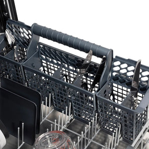 ZLINE Autograph Edition 24 in. Monument Series 3rd Rack Top Touch Control Tall Tub Dishwasher in Stainless Steel with Polished Gold Helix Handle, 45dBa (DWMTZ-30424-KG) utensil holder with cutlery and dishes inside.