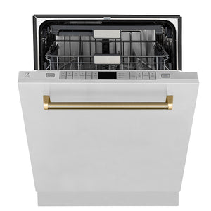 ZLINE Autograph Edition 24 in. Monument Series 3rd Rack Top Touch Control Tall Tub Dishwasher in Stainless Steel with Polished Gold Helix Handle, 45dBa (DWMTZ-30424-KG) front, half open.