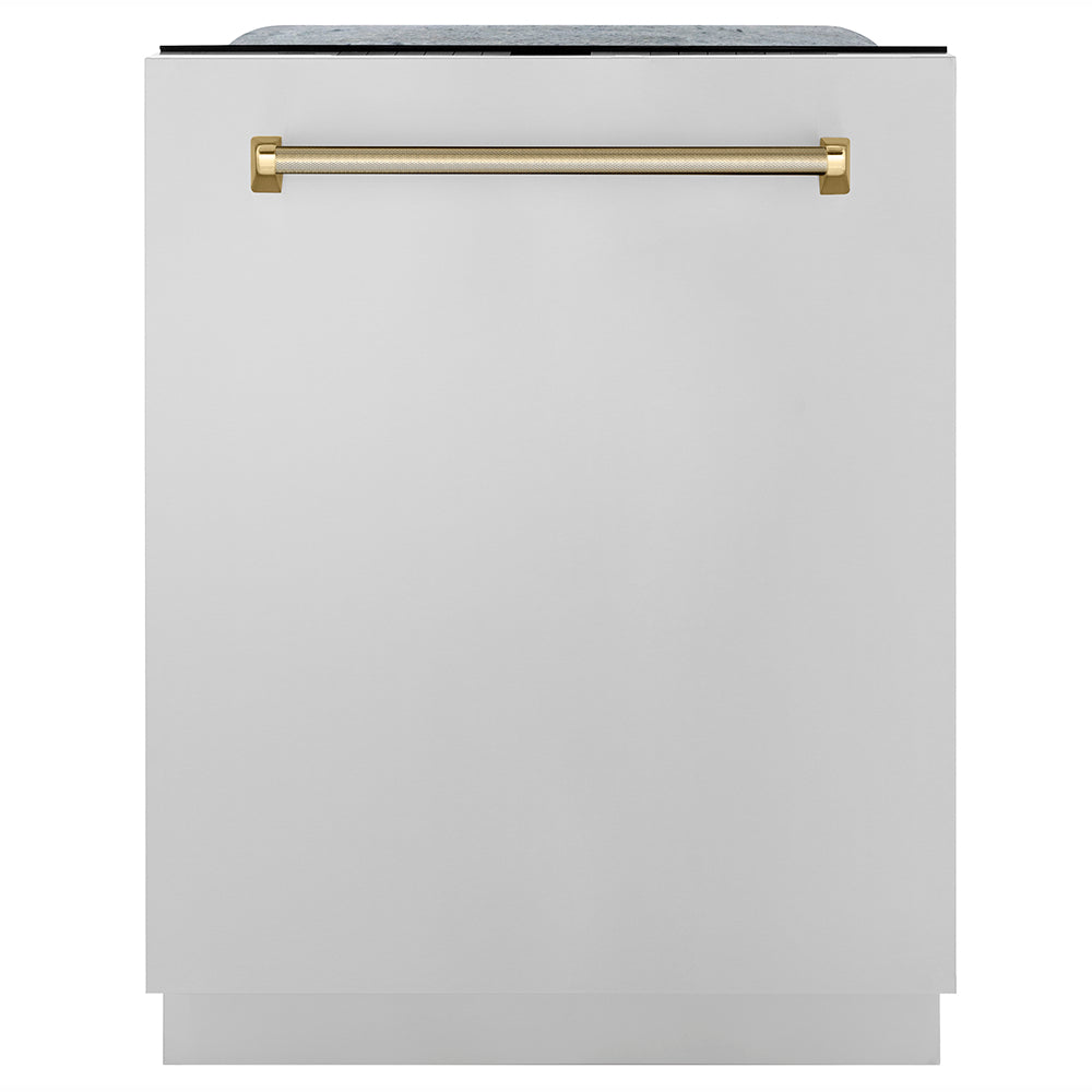 ZLINE Autograph Edition 24 in. Monument Series 3rd Rack Top Touch Control Tall Tub Dishwasher in Stainless Steel with Polished Gold Helix Handle, 45dBa (DWMTZ-30424-KG)