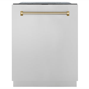ZLINE Autograph Edition 24 in. Monument Series 3rd Rack Top Touch Control Tall Tub Dishwasher in Stainless Steel with Polished Gold Helix Handle, 45dBa (DWMTZ-30424-KG)