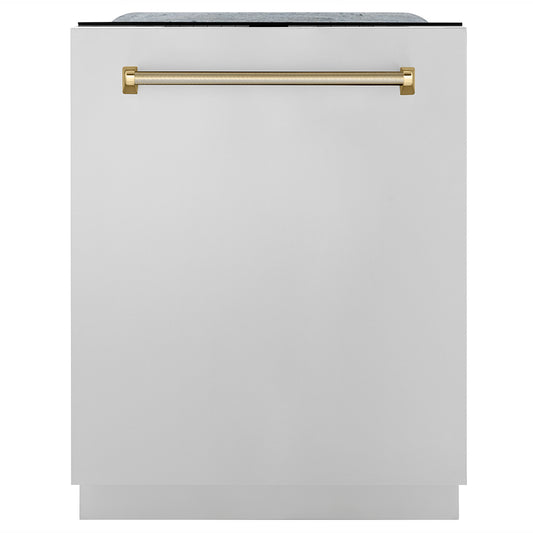 ZLINE Autograph Edition 24 in. Monument Series 3rd Rack Top Touch Control Tall Tub Dishwasher in Stainless Steel with Polished Gold Helix Handle, 45dBa (DWMTZ-30424-KG)
