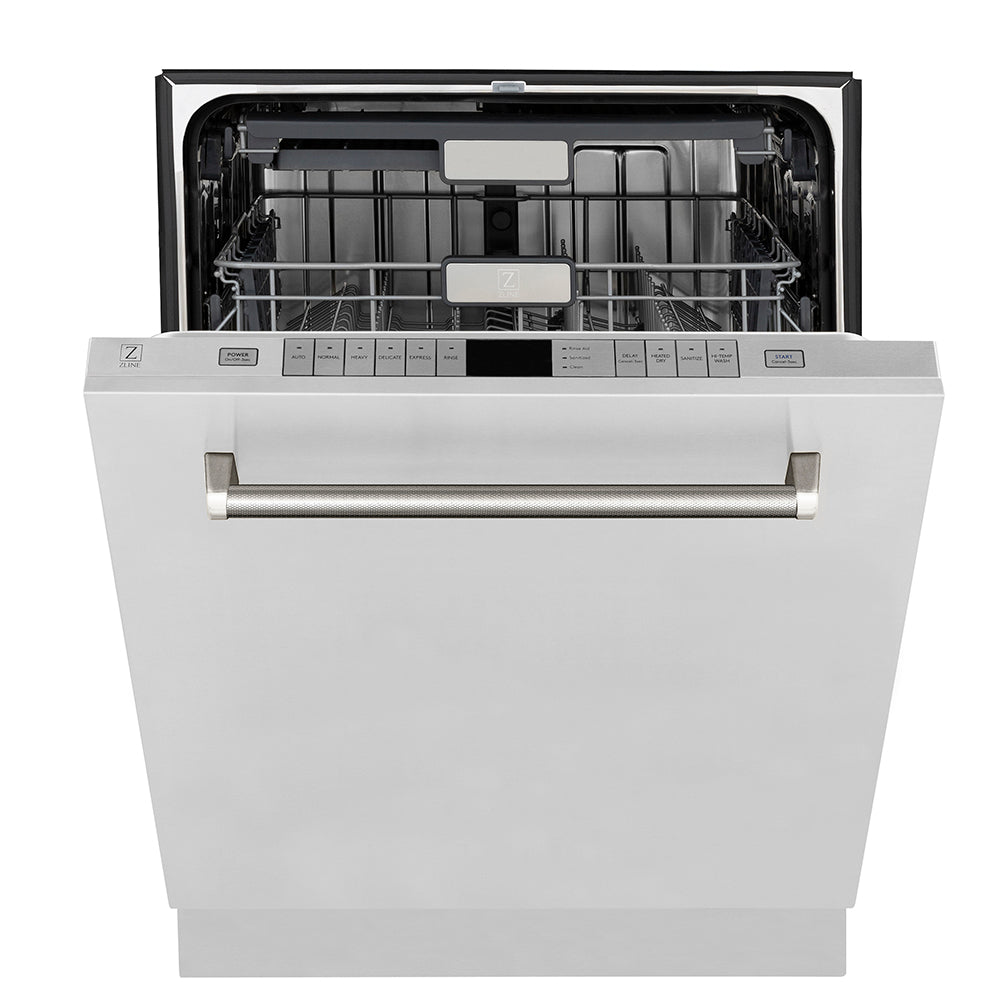 ZLINE Autograph Edition 24 in. Monument Series 3rd Rack Top Touch Control Tall Tub Dishwasher in Stainless Steel with Polished Nickel Helix Handle, 45dBa (DWMTZ-30424-KPN) front, half open.