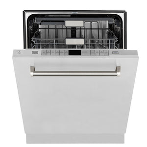 ZLINE Autograph Edition 24 in. Monument Series 3rd Rack Top Touch Control Tall Tub Dishwasher in Stainless Steel with Polished Nickel Helix Handle, 45dBa (DWMTZ-30424-KPN) front, half open.