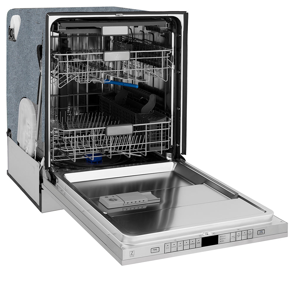 ZLINE Autograph Edition 24 in. Monument Series 3rd Rack Top Touch Control Tall Tub Dishwasher in Stainless Steel with Polished Nickel Helix Handle, 45dBa (DWMTZ-30424-KPN) side, open.