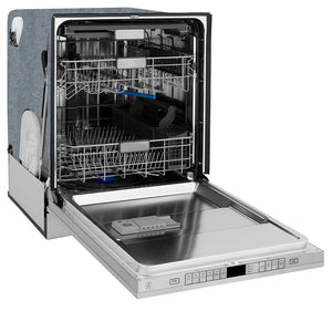 ZLINE Autograph Edition 24 in. Monument Series 3rd Rack Top Touch Control Tall Tub Dishwasher in Stainless Steel with Polished Nickel Helix Handle, 45dBa (DWMTZ-30424-KPN) side, open.