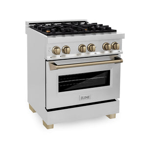 ZLINE Autograph Edition 30 in. 4.0 cu. ft. Legacy Dual Fuel Range with 4 Burner Gas Cooktop and Electric Convection Oven in Stainless Steel and Champagne Bronze Accents (RAZ-30-CB) main image.