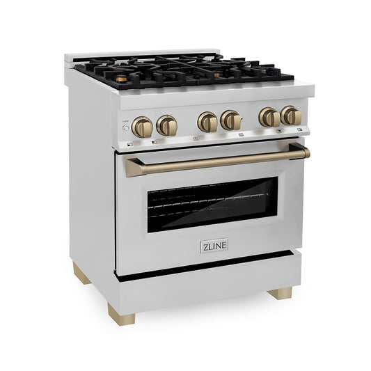 ZLINE Autograph Edition 30 in. 4.0 cu. ft. Legacy Dual Fuel Range with 4 Burner Gas Cooktop and Electric Convection Oven in Stainless Steel and Champagne Bronze Accents (RAZ-30-CB) main image.