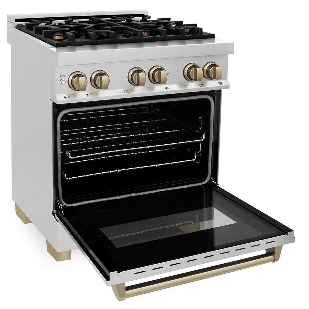 ZLINE Autograph Edition 30 in. 4.0 cu. ft. Legacy Dual Fuel Range with 4 Burner Gas Cooktop and Electric Convection Oven in Stainless Steel and Champagne Bronze Accents (RAZ-30-CB) side, oven open.