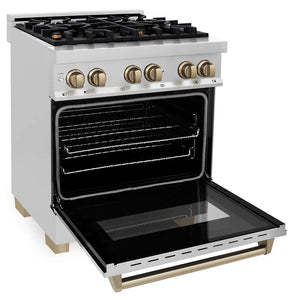 ZLINE Autograph Edition 30 in. 4.0 cu. ft. Legacy Dual Fuel Range with 4 Burner Gas Cooktop and Electric Convection Oven in Stainless Steel and Champagne Bronze Accents (RAZ-30-CB) side, oven open.