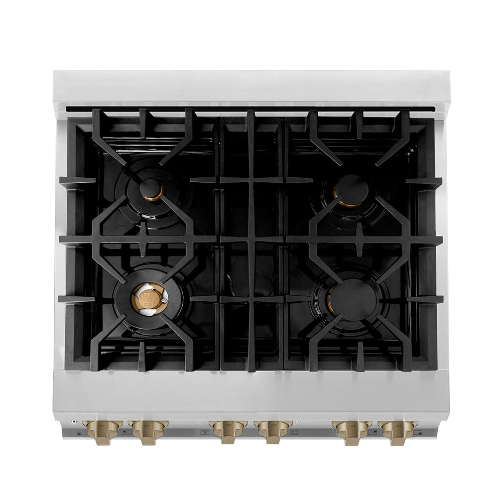 ZLINE Autograph Edition 30 in. 4.0 cu. ft. Legacy Dual Fuel Range with 4 Burner Gas Cooktop and Electric Convection Oven in Stainless Steel and Champagne Bronze Accents (RAZ-30-CB) top-down, above cooktop.