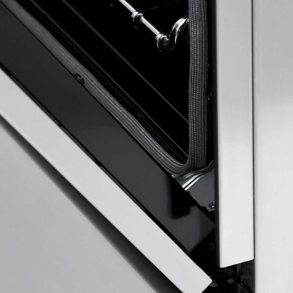 ZLINE Autograph Edition 48 in. 6.0 cu. ft. Legacy Dual Fuel Range with 7 Burner Gas Cooktop and 2 Electric Ovens in Stainless Steel and Champagne Bronze Accents (RAZ-48-CB) StayPut oven door hinge.