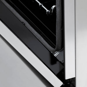 ZLINE Autograph Edition 48 in. 6.0 cu. ft. Legacy Dual Fuel Range with 7 Burner Gas Cooktop and 2 Electric Ovens in Stainless Steel and Champagne Bronze Accents (RAZ-48-CB) StayPut oven door hinge.