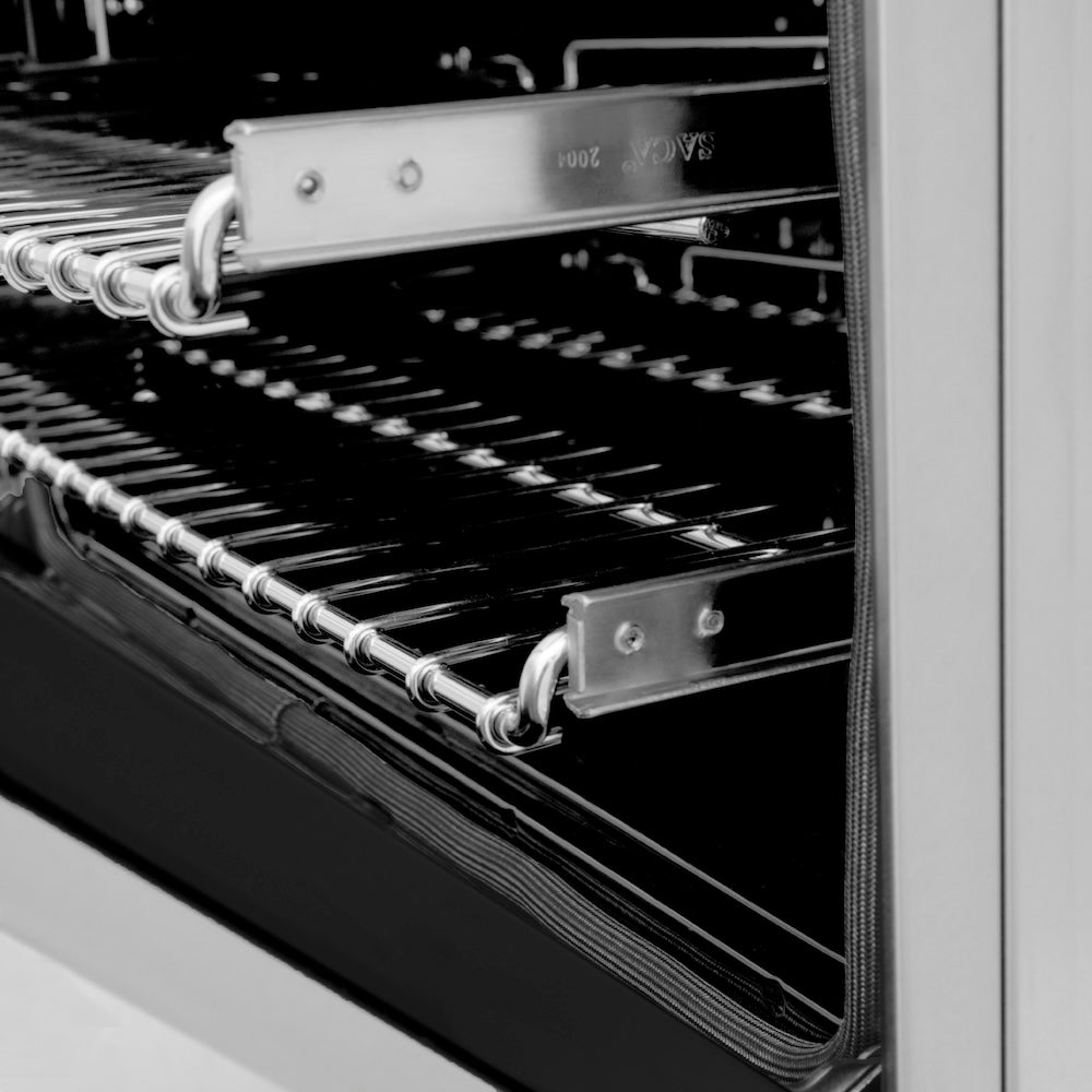 ZLINE Autograph Edition 48 in. 6.0 cu. ft. Legacy Dual Fuel Range with 7 Burner Gas Cooktop and 2 Electric Ovens in Stainless Steel and Champagne Bronze Accents (RAZ-48-CB) open oven with racks inside, showing interior design and layout.